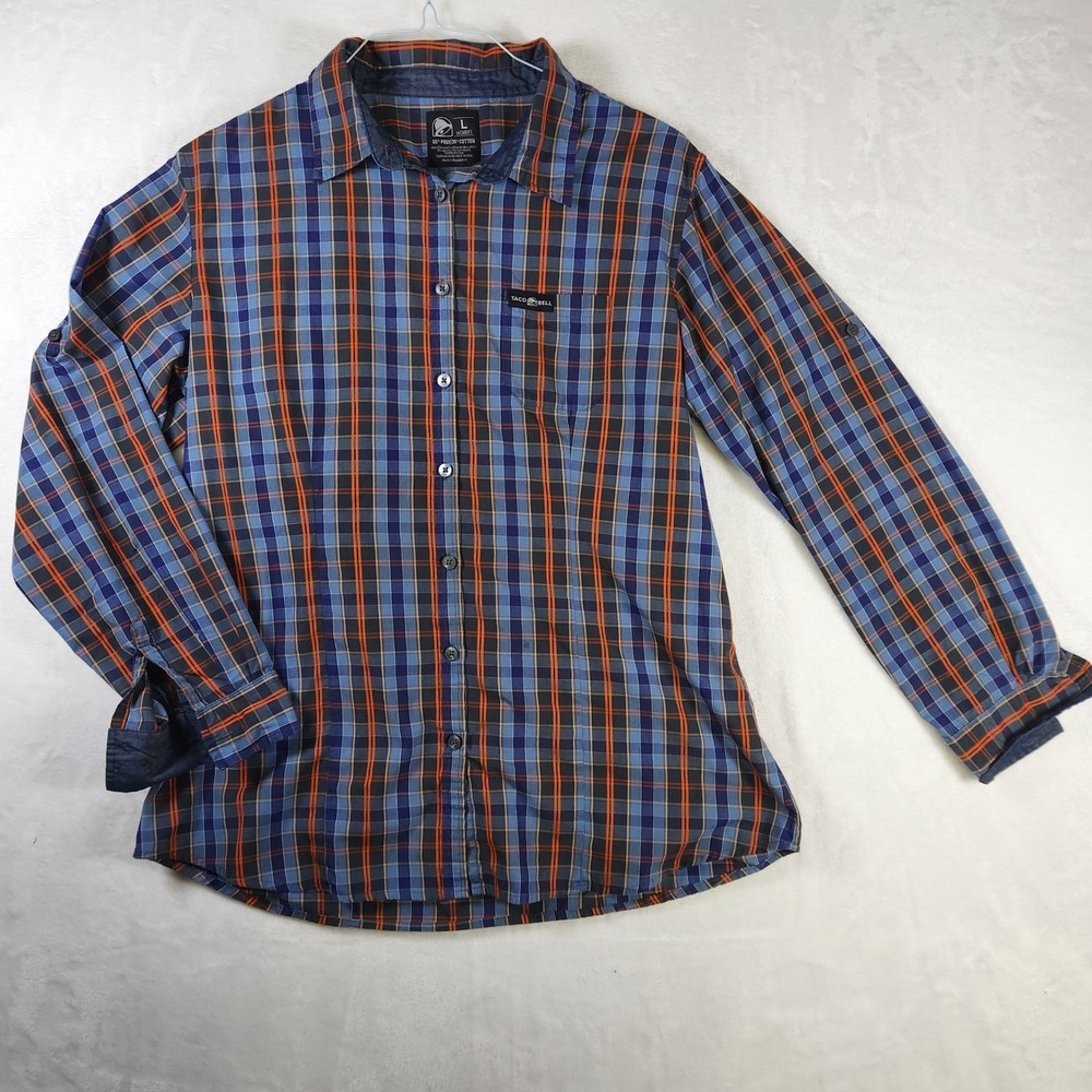 Taco Bell Womens Plaid Button Up Long Sleeve Roll Tab Shirt Size Large‎